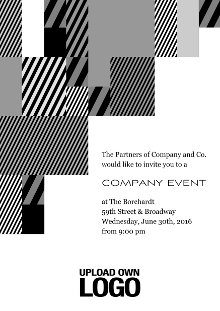 Online Corporate invitation card with modern striped box design, own logo option and text field. Black.