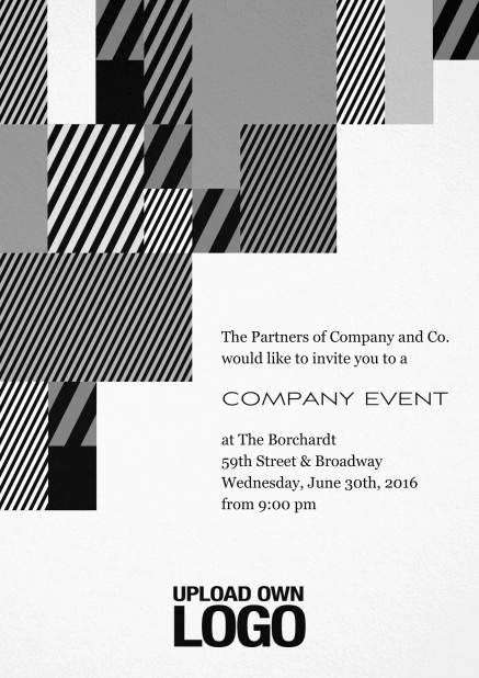Weiße Einladungskarte für Firmenevents mit modernem Muster links, Logo-Option und Textfeld. Schwarz.