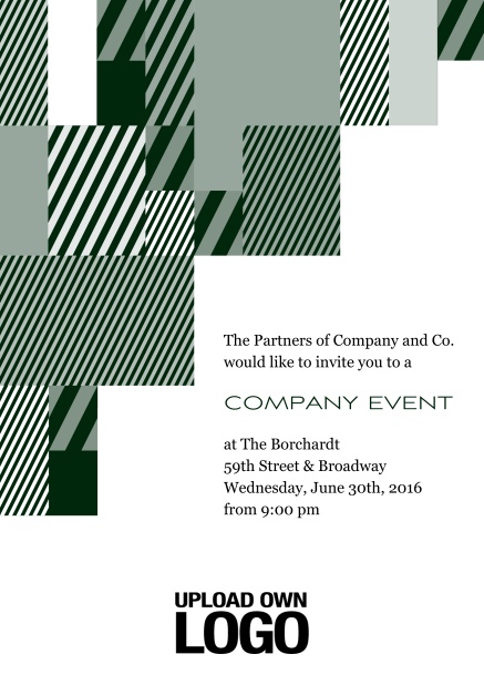 Online Corporate invitation card with modern striped box design, own logo option and text field. Green.