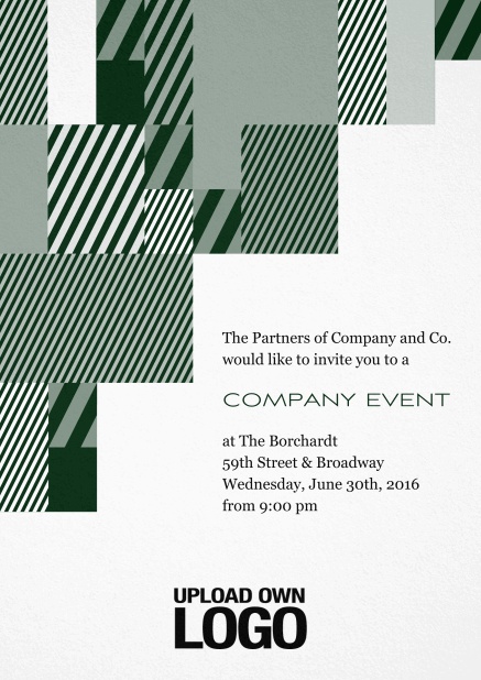 Weiße Einladungskarte für Firmenevents mit modernem Muster links, Logo-Option und Textfeld. Grün.