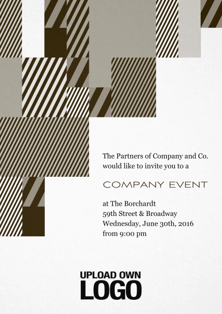 Weiße Einladungskarte für Firmenevents mit modernem Muster links, Logo-Option und Textfeld. Gelb.