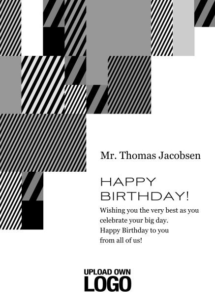 Online Corporate Birthday card with grey, silver, white and black artistic rectangular shapes. Black.
