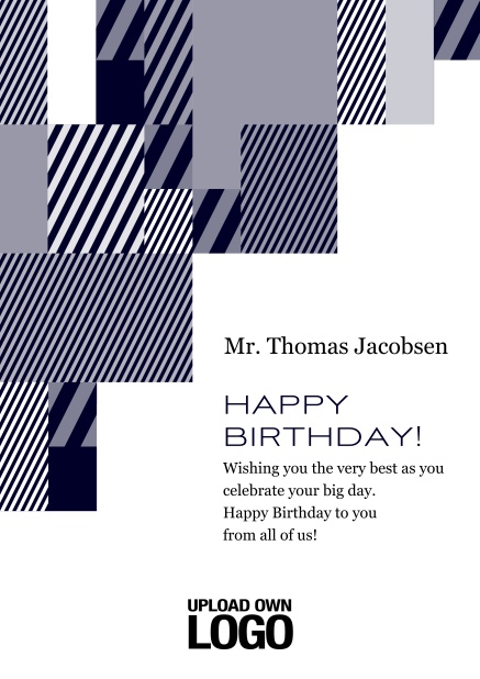 Online Corporate Birthday card with grey, silver, white and black artistic rectangular shapes. Blue.