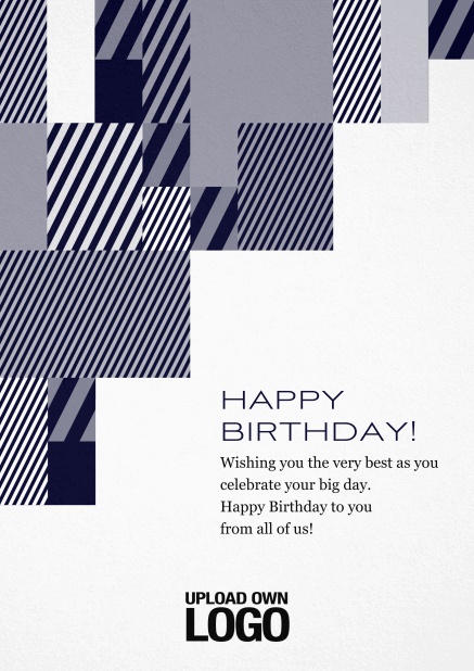 Geburtstagskarte für Geburtstagsglückwünsche mit silber, weiß und schwarzen Rechtecken. Blau.