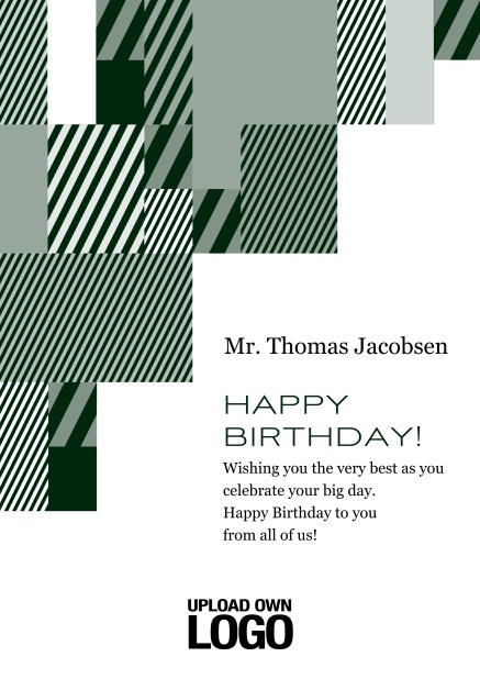 Online Corporate Birthday card with grey, silver, white and black artistic rectangular shapes. Green.
