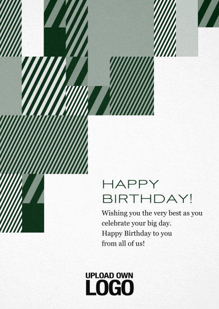 Geburtstagskarte für Geburtstagsglückwünsche mit silber, weiß und schwarzen Rechtecken. Grün.