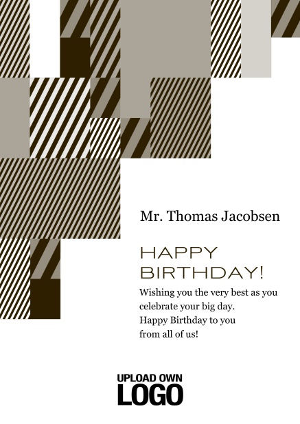 Online Corporate Birthday card with grey, silver, white and black artistic rectangular shapes. Yellow.