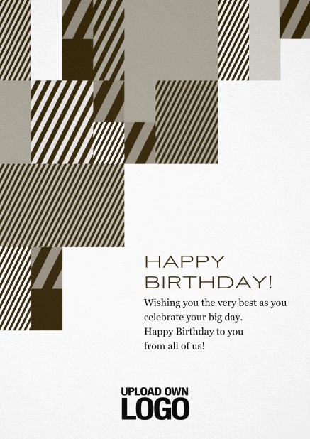 Corporate Christmas card with grey, silver, white and black artistic rectangular shapes. Yellow.
