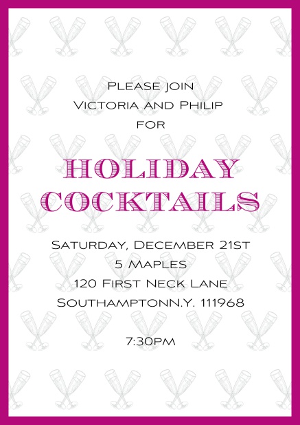 Online Christmas party invitation card with champagne glasses and frame in choosable colors. Pink.