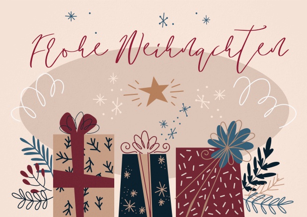 Weihnachtsfeier Einladungskarte mit Frohe Weihnachten Text und bunten Weihnachtsgeschenken