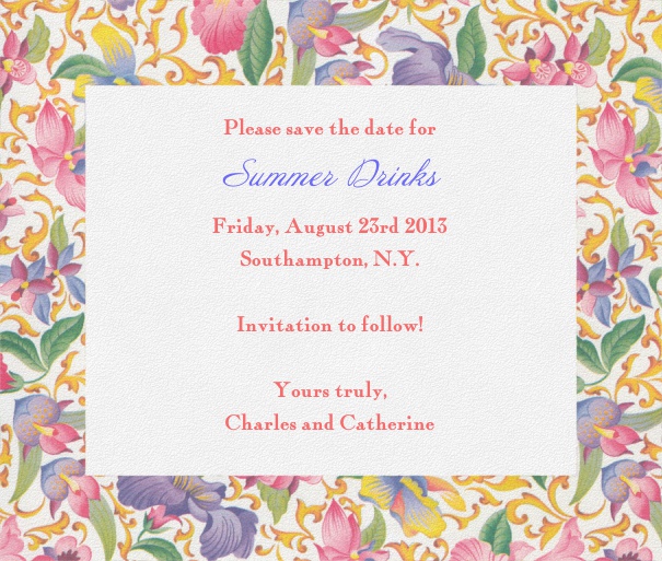 White Summer Themed Seasonal Save the Date Card with Colorful Flower Border.