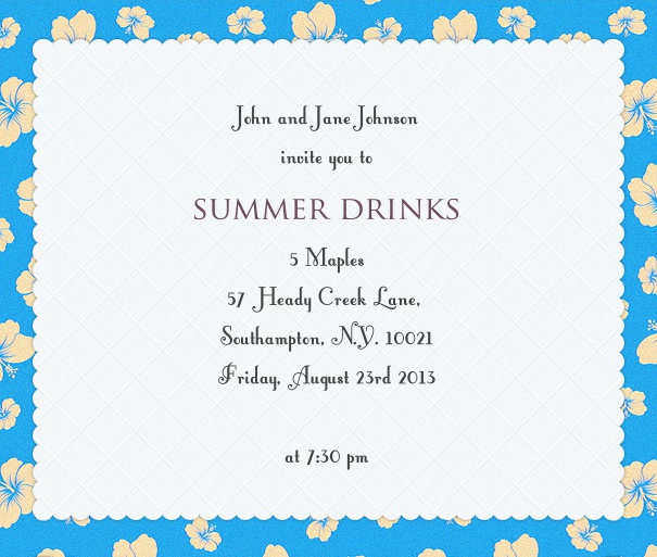 Online Einladungskarte mit blauem Blumenramen.