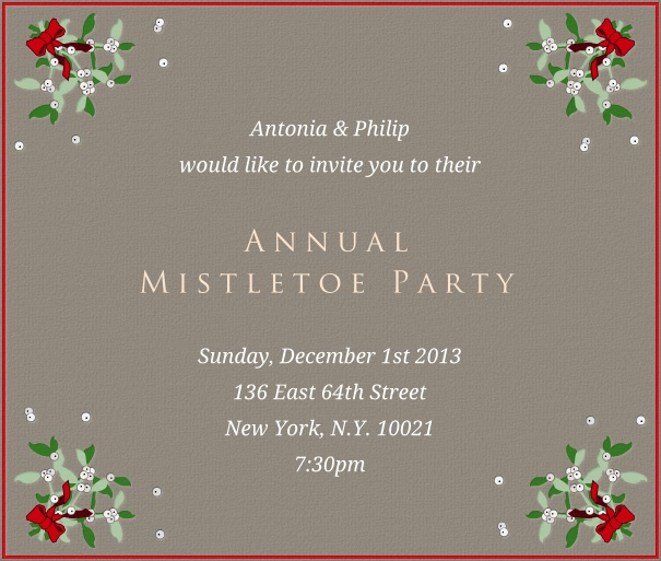 Square Grey Advent Invitation card with Mistletoe and Red Border.