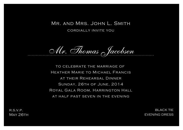 blue online classic invitation card with white border and dotted line for recipient's name. Black.