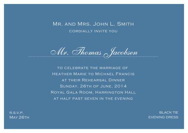 blue online classic invitation card with white border and dotted line for recipient's name. Blue.