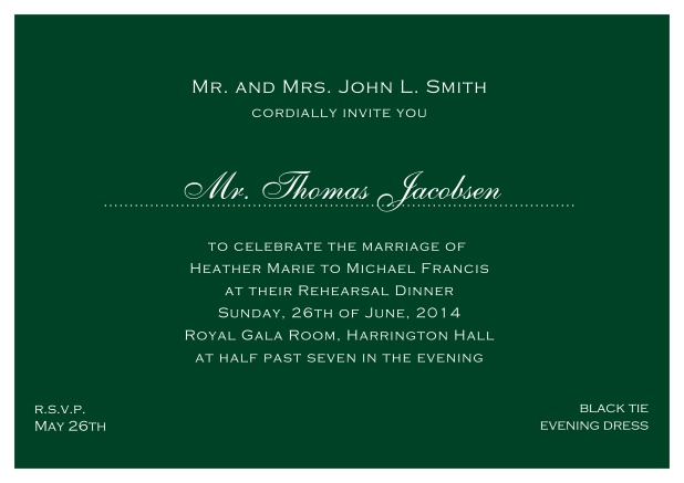 blue online classic invitation card with white border and dotted line for recipient's name. Green.