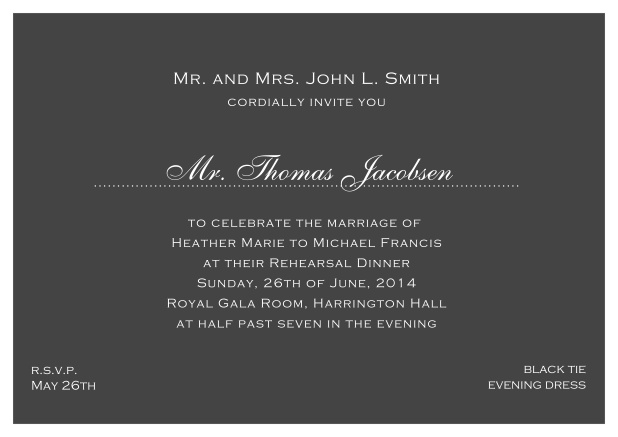 blue online classic invitation card with white border and dotted line for recipient's name. Grey.