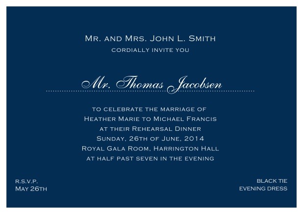 blue online classic invitation card with white border and dotted line for recipient's name. Navy.