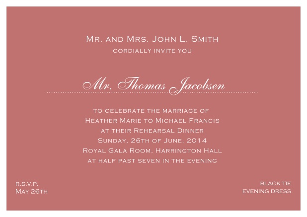 blue online classic invitation card with white border and dotted line for recipient's name. Pink.