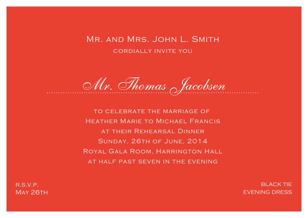 blue online classic invitation card with white border and dotted line for recipient's name. Red.
