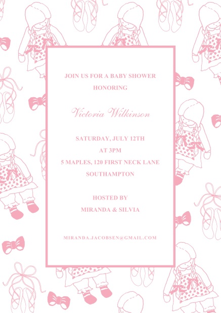 Online Children's invitation card with cute pink dolls and text box.