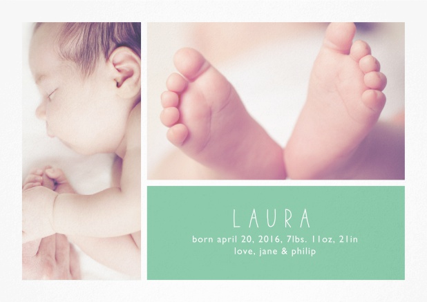 Birth announcement card with two photo and editable text on colorful text field. Green.