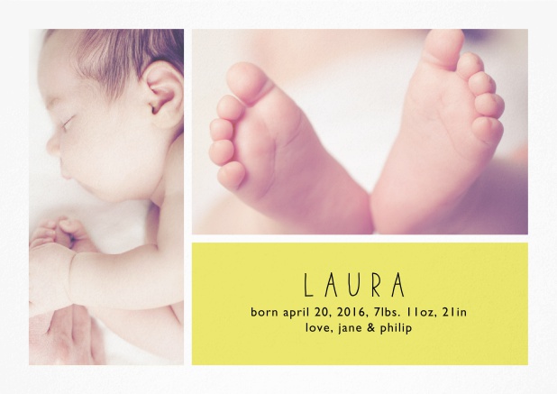 Geburtsanzeige mit zwei Fotofeldern und editierbarem Text auf einem farbigen Textfeld. Gelb.