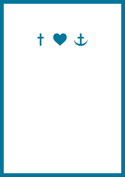 Online onfirmation invitation card in portrait format with Christian symbols on the front and customizable colors. Blue.
