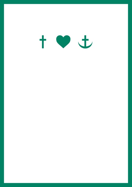 Online onfirmation invitation card in portrait format with Christian symbols on the front and customizable colors. Green.