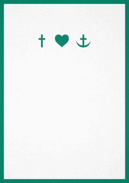 Confirmation invitation card in portrait format with Christian symbols on the front and customizable colors. Green.
