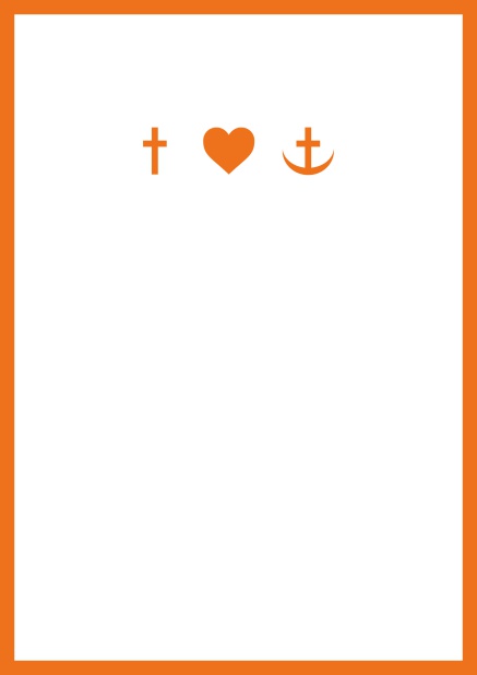 Online onfirmation invitation card in portrait format with Christian symbols on the front and customizable colors. Orange.