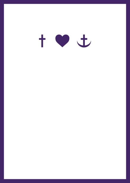 Online onfirmation invitation card in portrait format with Christian symbols on the front and customizable colors. Purple.