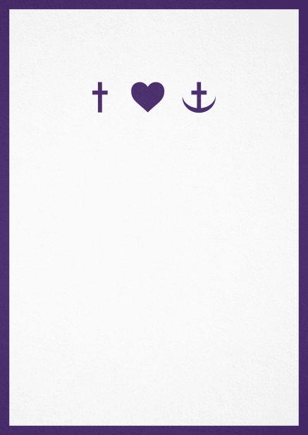 Confirmation invitation card in portrait format with Christian symbols on the front and customizable colors. Purple.