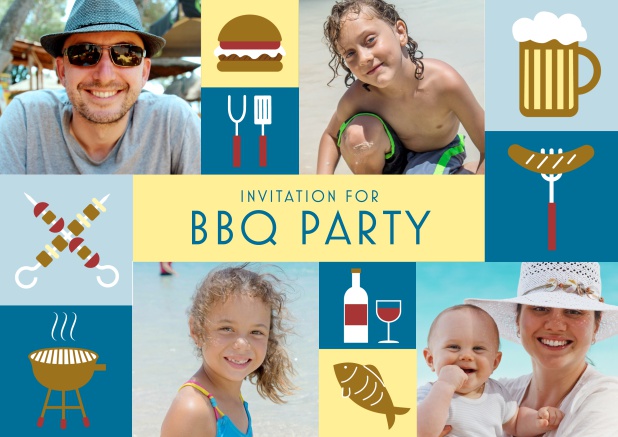 Online BBQ invitation card with classic grill images and photo fields to upload own photos. Blue.