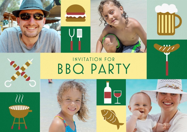 BBQ invitation card with classic grill images and photo fields to upload own photos. Green.