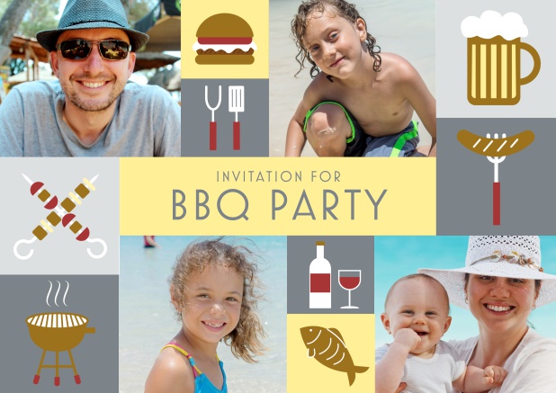 Online BBQ invitation card with classic grill images and photo fields to upload own photos. Grey.