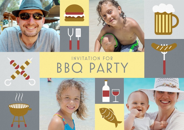 BBQ invitation card with classic grill images and photo fields to upload own photos. Grey.