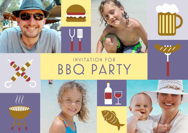 Online BBQ invitation card with classic grill images and photo fields to upload own photos. Purple.