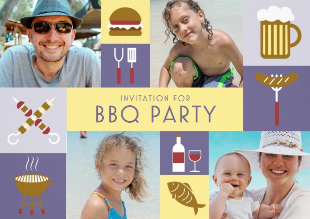 BBQ invitation card with classic grill images and photo fields to upload own photos. Purple.