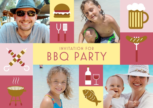 Online BBQ invitation card with classic grill images and photo fields to upload own photos. Red.