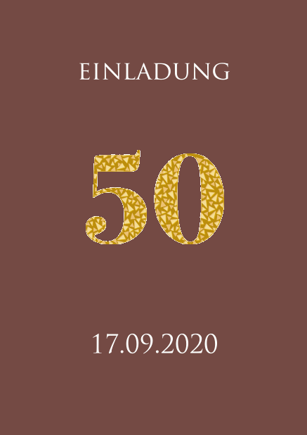 Einladungskarte zum 50. Jahrestag in verschiedenen Farbtönen mit animierender Zahl 50 aus goldenen Mosaiksteinen. Gold.