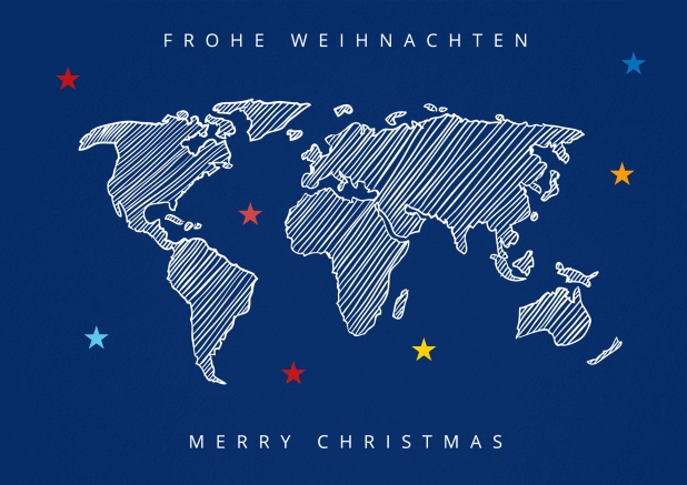 Weihnachtskarte auf blauen Hintergrund mit Weltkarte und Frohe Weihnachten Text.
