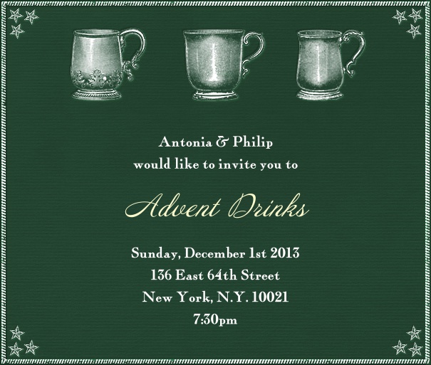 Grüne Adventszeit Quadratformat Einladungskarte mit drei klassischen Glühwein Bechern mittig oben. Inklusive passendem Text in weiss.