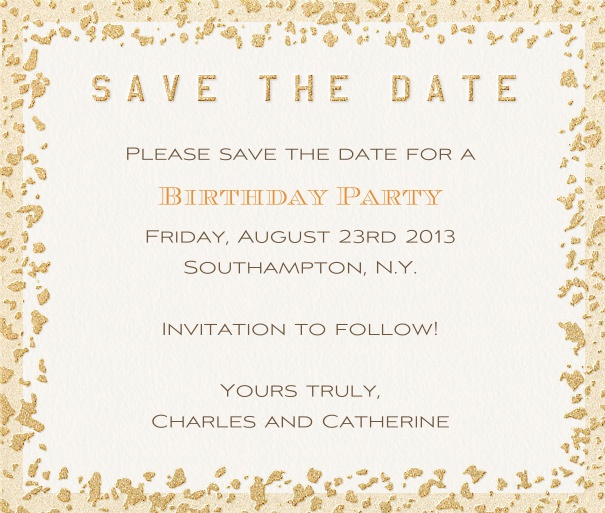 White Summer Themed Seasonal Save the Date with Gold Flaked Border.