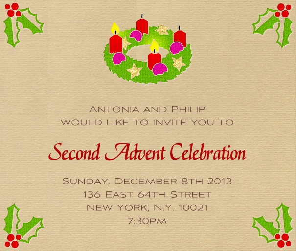 Beige Adventszeit Quadratformat Einladungskarte mit modernem Adventskranz mit Vier Kerzen, zwei davon brennend. Inklusive gestalteter passender Text in braunen Farben.