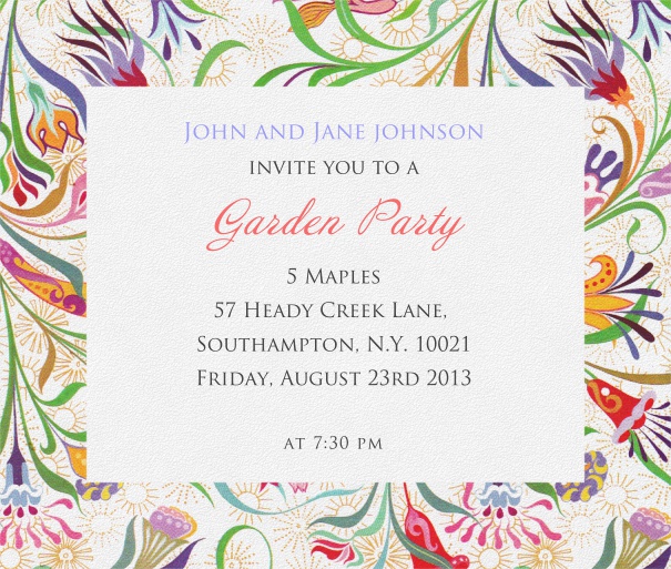 Weiße, sommerliche Einladungskarte mit buntem Blumenrahmen.