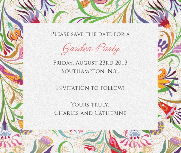 Online Save the Date Kartenvorlage zur Hochzeitsfeier mit buntem Blumenrahmen.