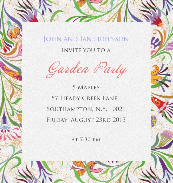 Weiße, sommerliche Einladungskarte in Hochkant mit buntem Blumenrahmen.