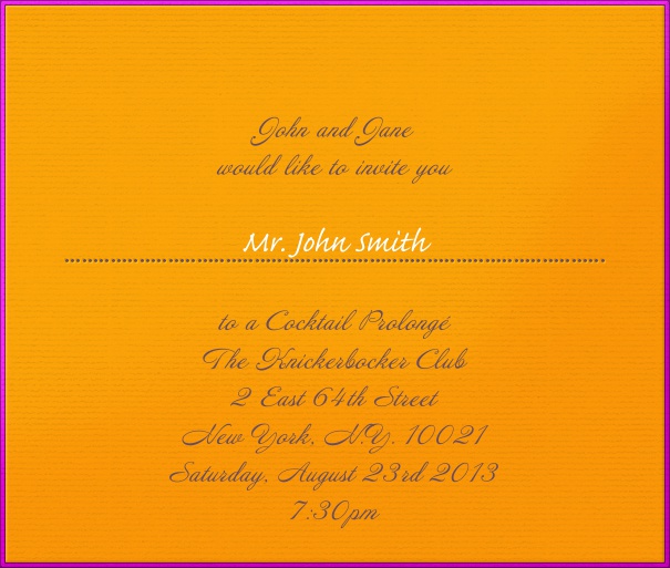 Orange Neon Einladungskarte in Quadratformat mit Lila Rahmen inklusive gestrichelter Linie unter dem Empfängernamen für die persönliche Anrede.