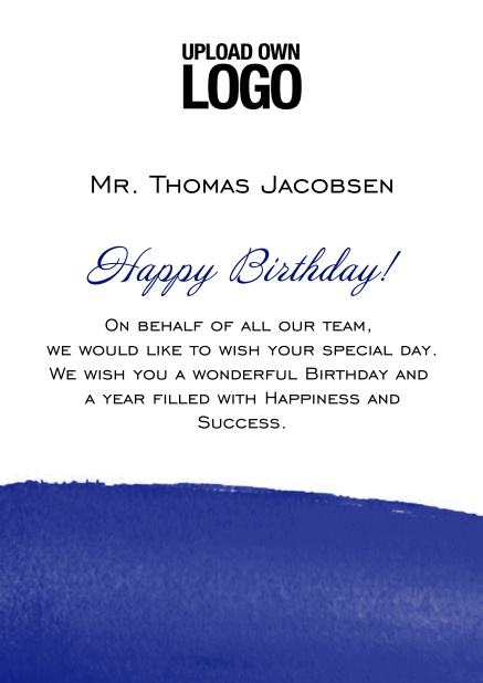 Online Corporate Birthday greeting card with artistic blue area at the bottom. Blue.